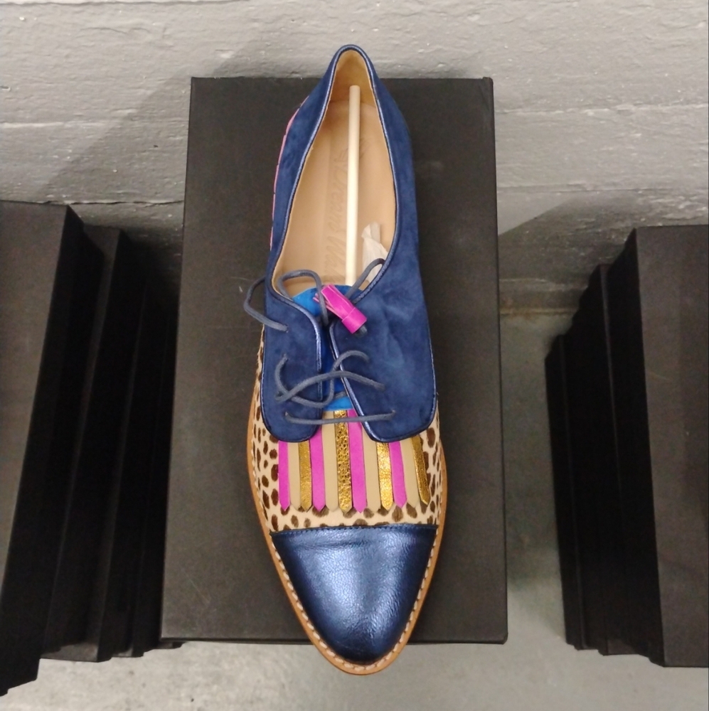 Green Multicolor Handmade Leather Suede Cow Print Oxford Fringe Shoes Size 6-8.5 - Picture 12 of 13